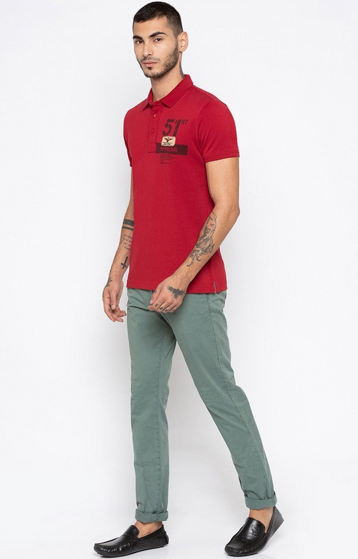 Spykar Red Printed Slim Fit Polo T-Shirt