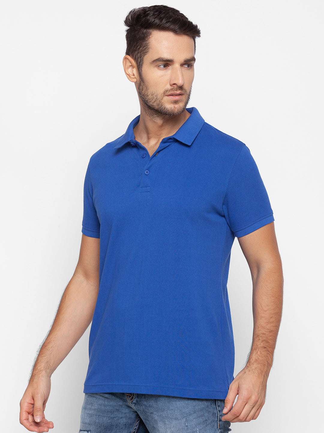 Spykar Men Blue Cotton Slim Fit Polo T-Shirt