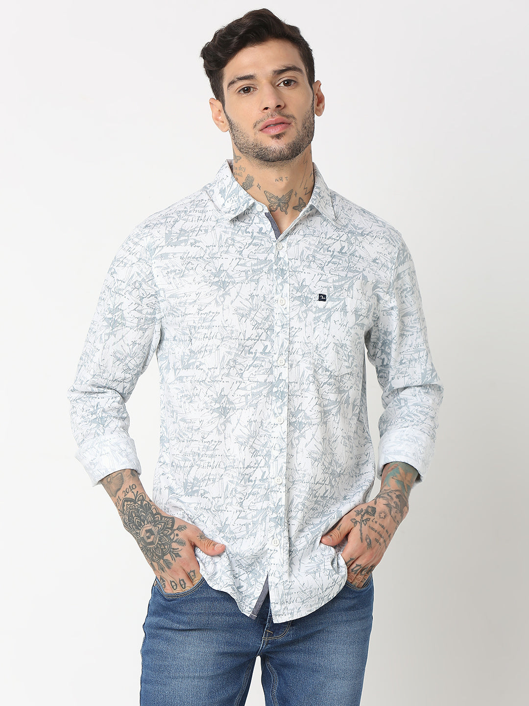 Spykar Men Grey Cotton Slim Fit Printed Shirts