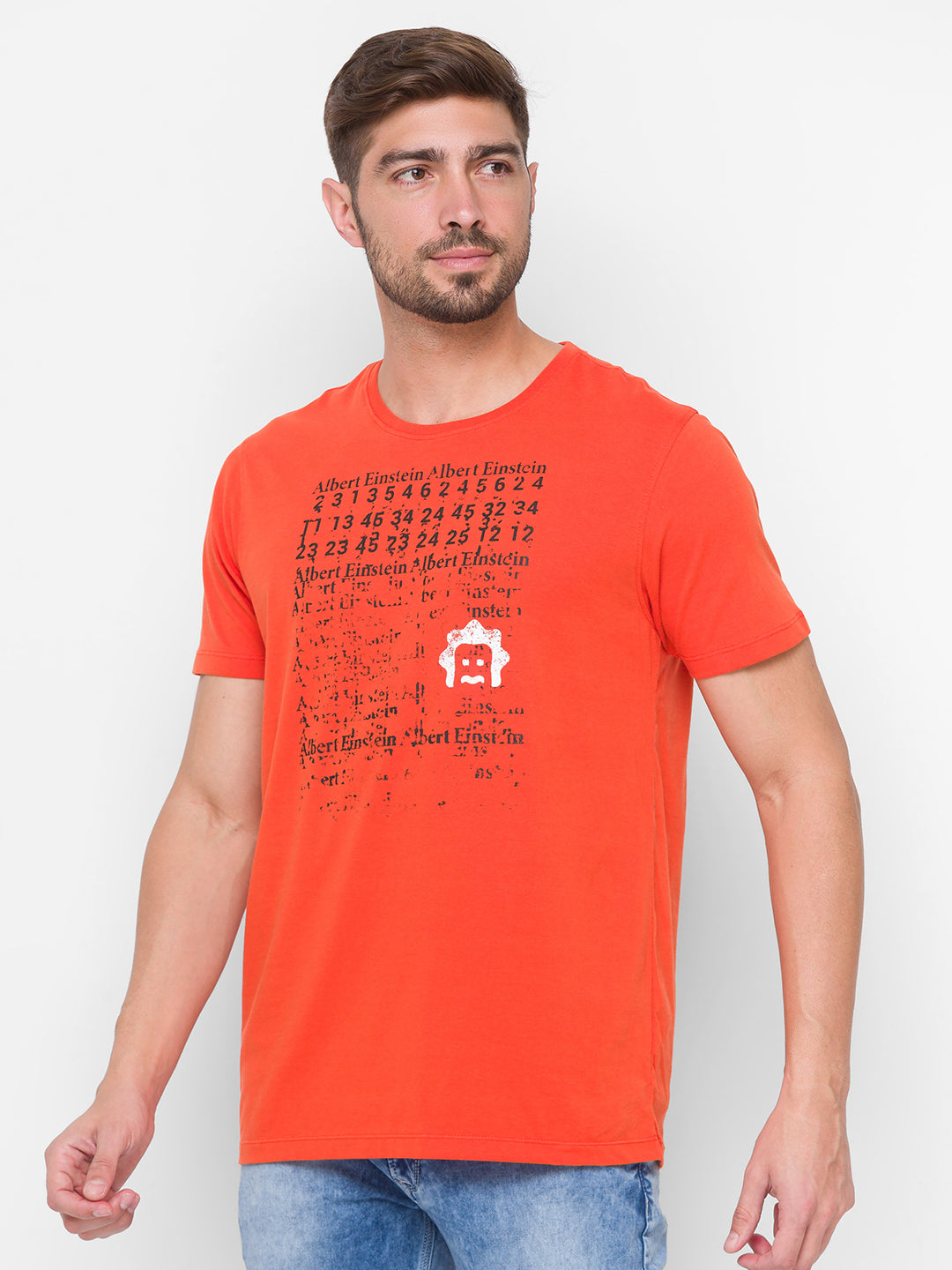 Albert Einstein Spykar Men Orange Cotton Slim Fit Round Neck T-Shirt