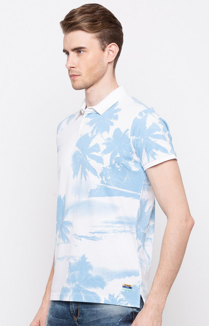 Spykar White Printed Slim Fit Polo T-Shirt