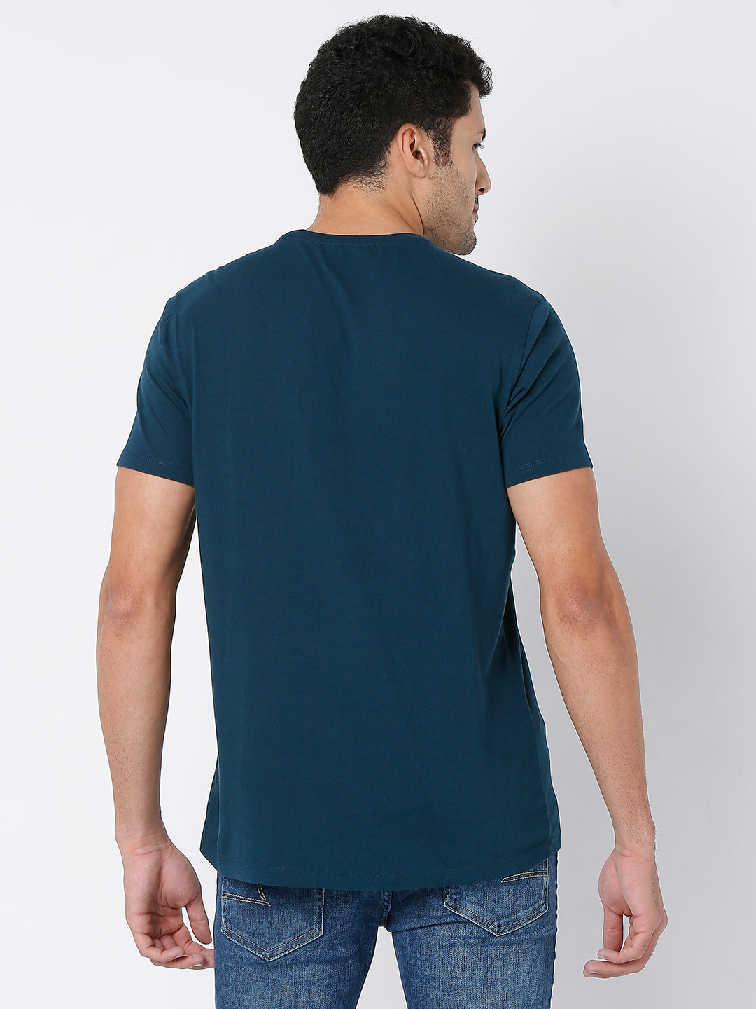 Spykar Teal Blue Cotton Half Sleeve Printed Casual T-Shirt For Men