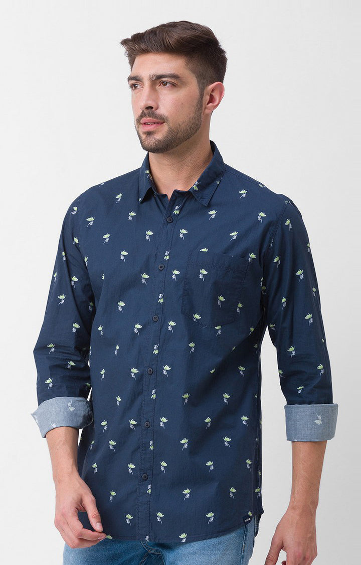 Spykar Navy Blue Cotton Full Sleeve Printed Shirt For Men