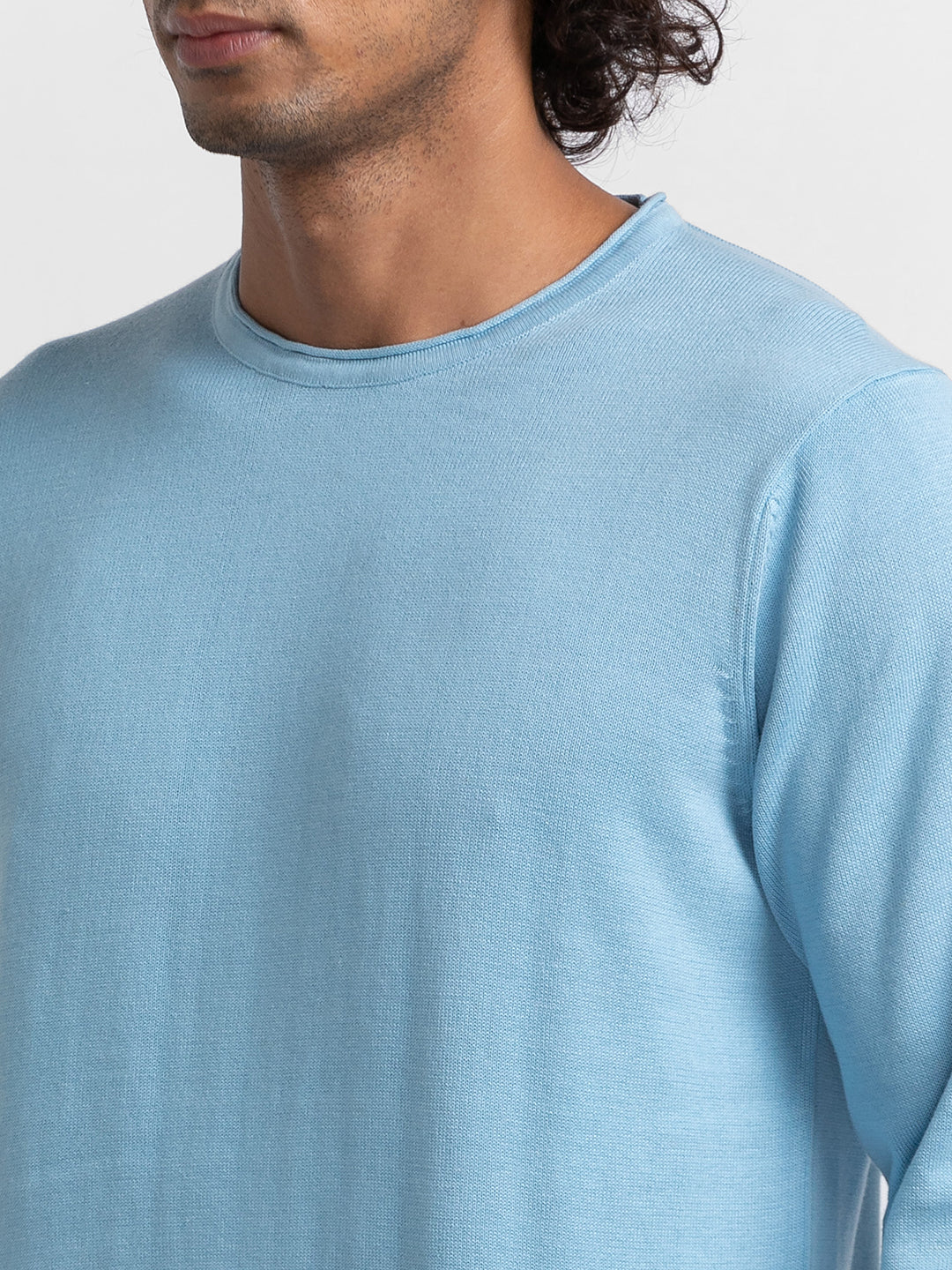 Spykar Sky Blue Cotton Full Sleeve Casual Sweater For Men