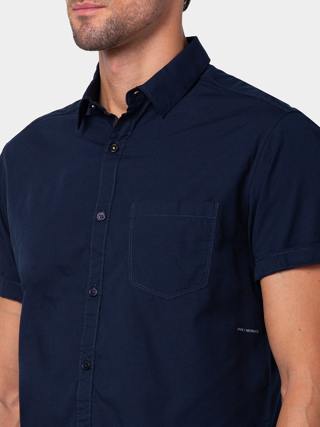 Spykar Men Navy Blue Cotton Slim Fit Plain Shirt