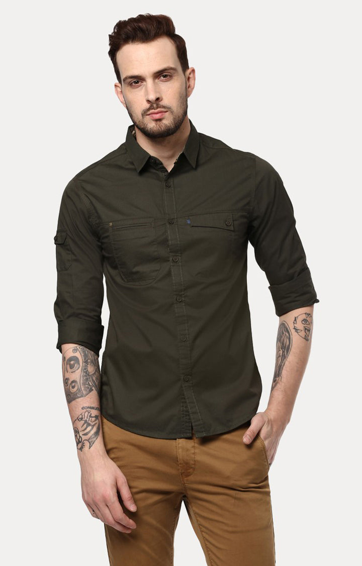 Spykar Men'S Green Cotton Solid Casual Shirts