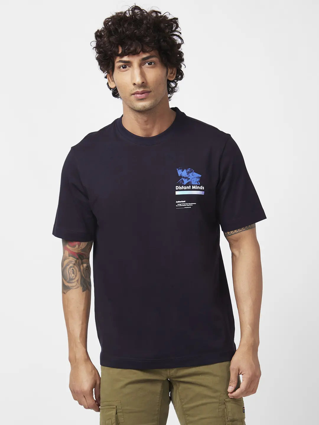 Spykar Men Navy Blue Cotton Comfort Fit Half Sleeve Round Neck Printed Tshirt
