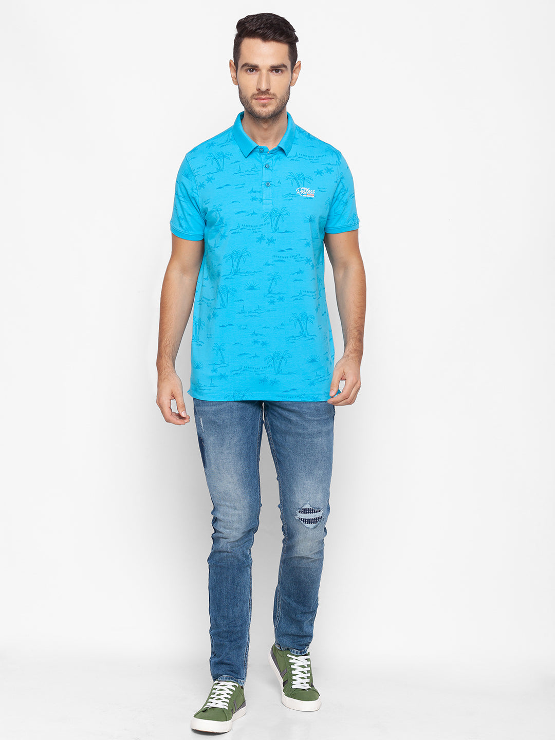 Spykar Men Blue Cotton Slim Fit Polo T-Shirt