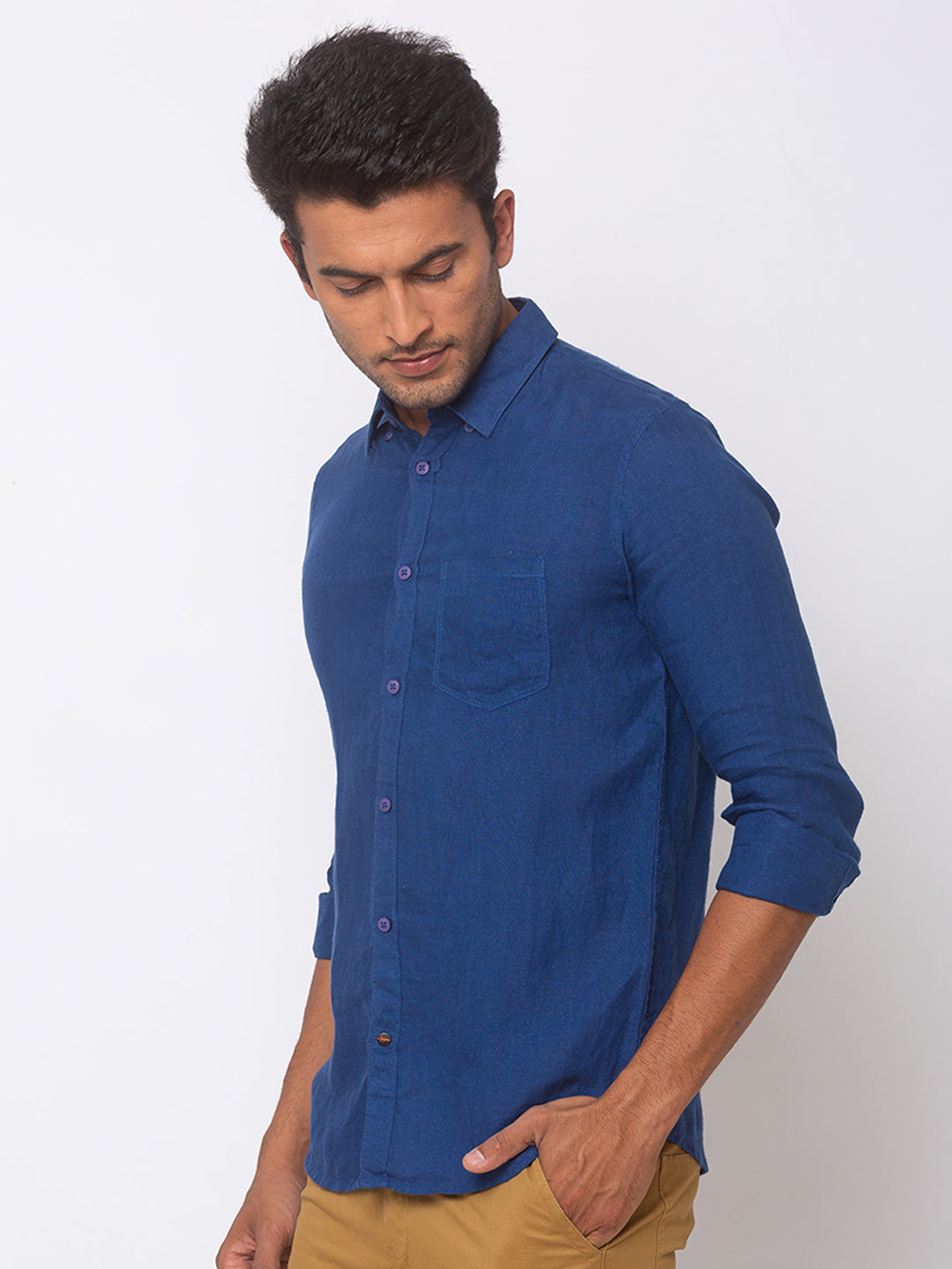 Spykar Men Navy Blue Linen Slim Fit Shirt