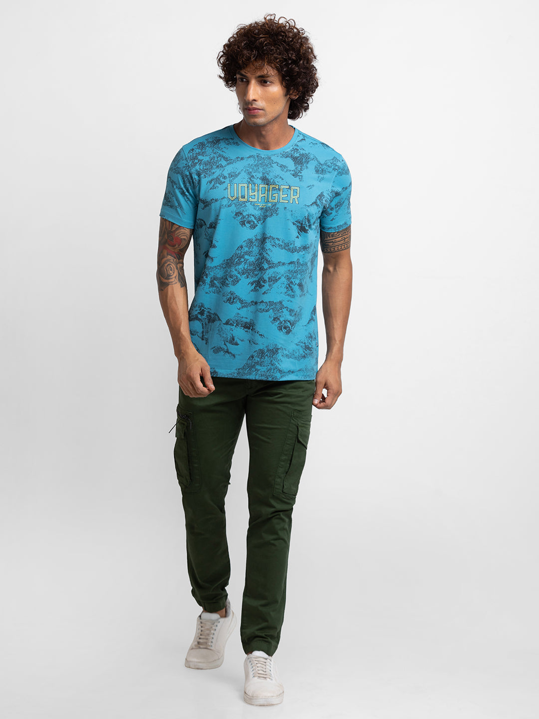 Spykar Haze Blue Cotton Half Sleeve Printed Casual T-Shirt For Men