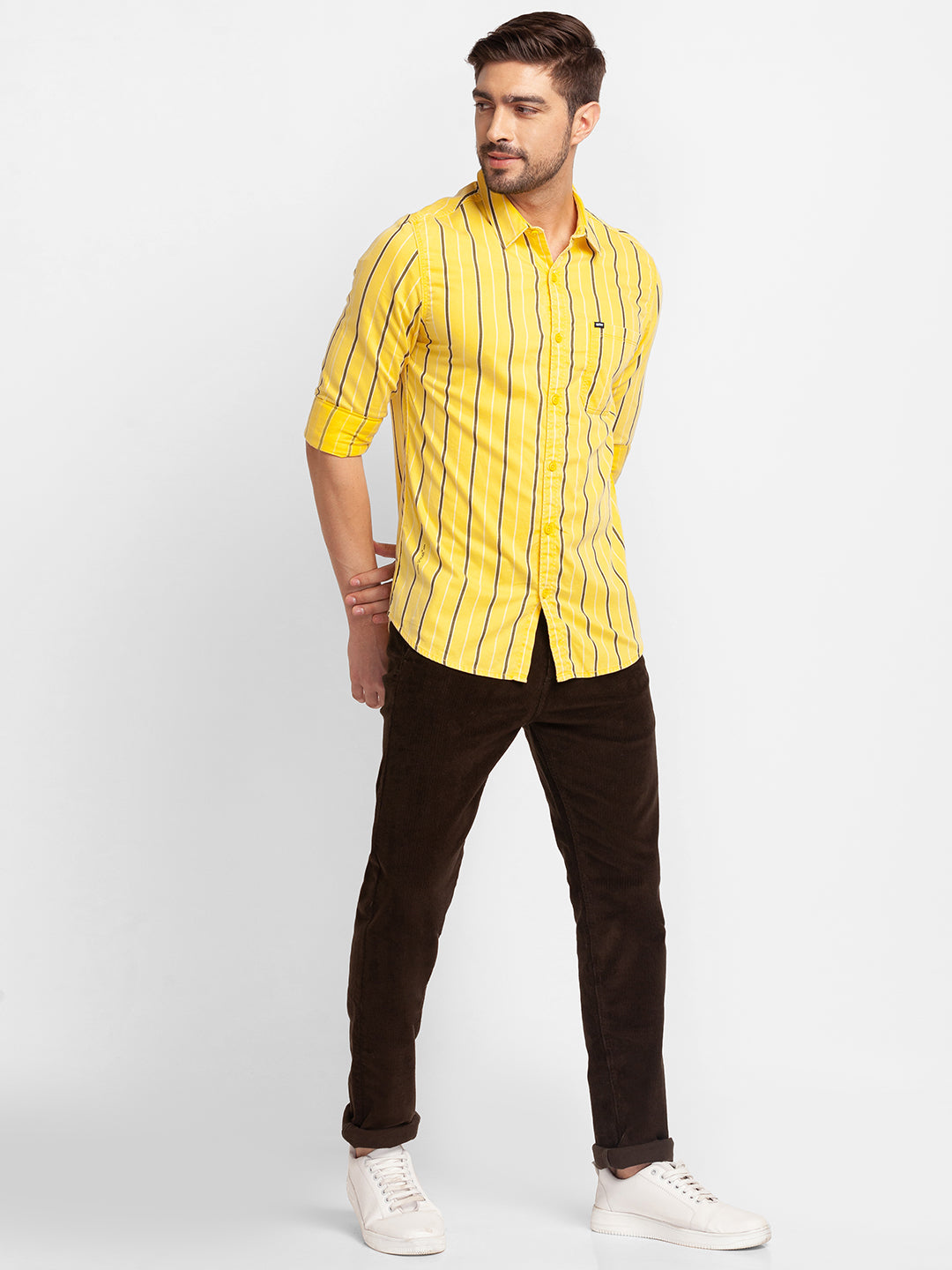 Spykar Yellow Cotton Full Sleeve Stripes Shirt For Men