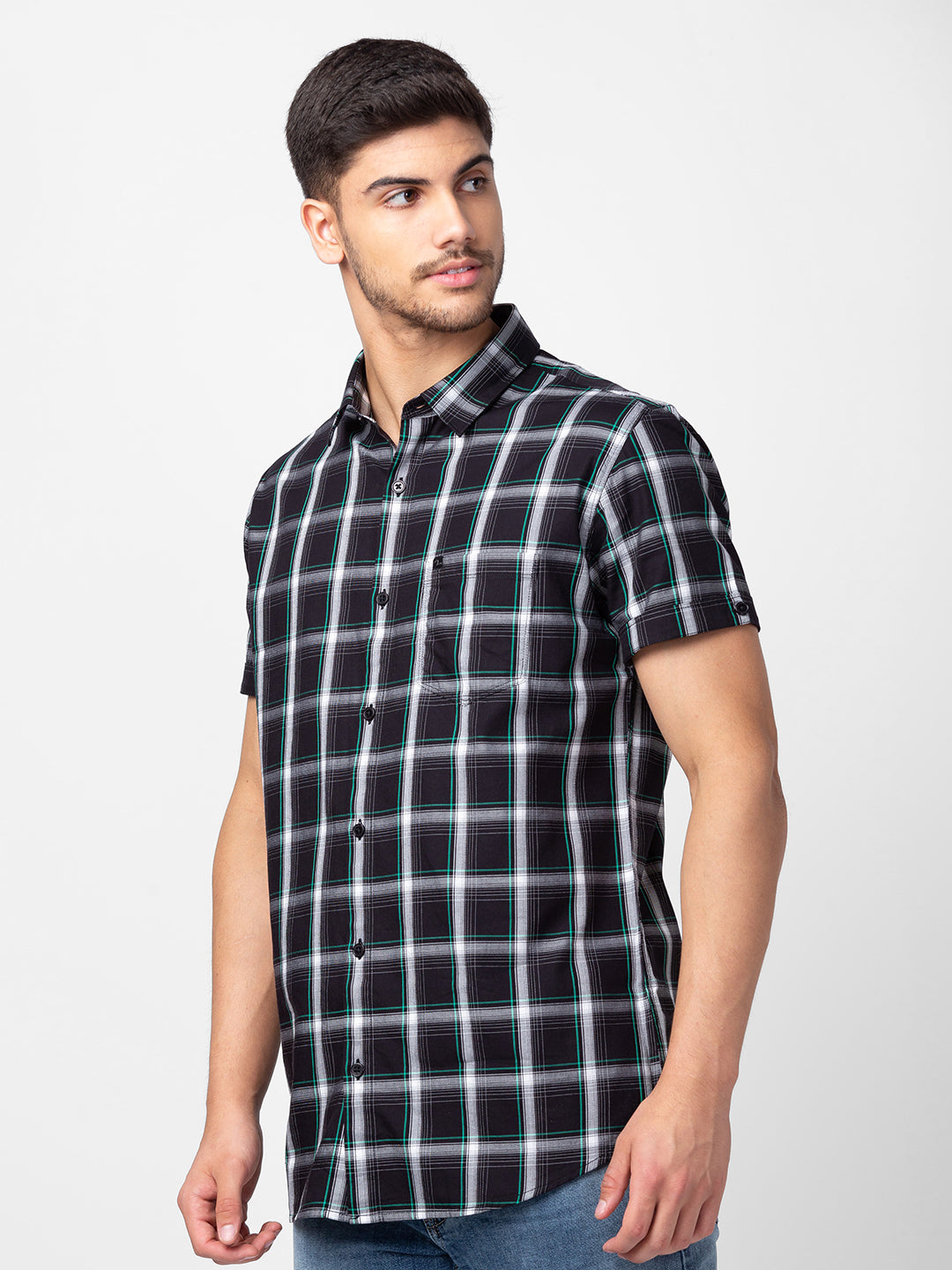 Spykar Men Black Cotton Slim Fit Checkered Shirt