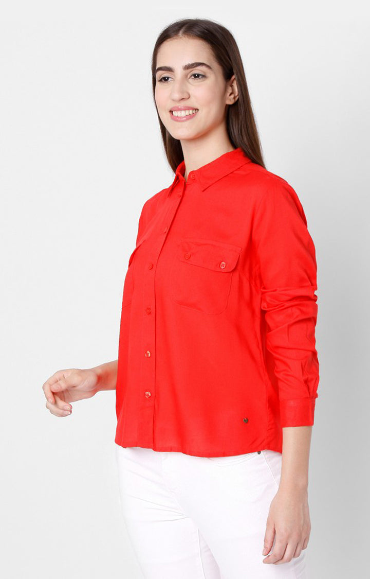 Spykar Regular Fit Red Cotton Women Shirts