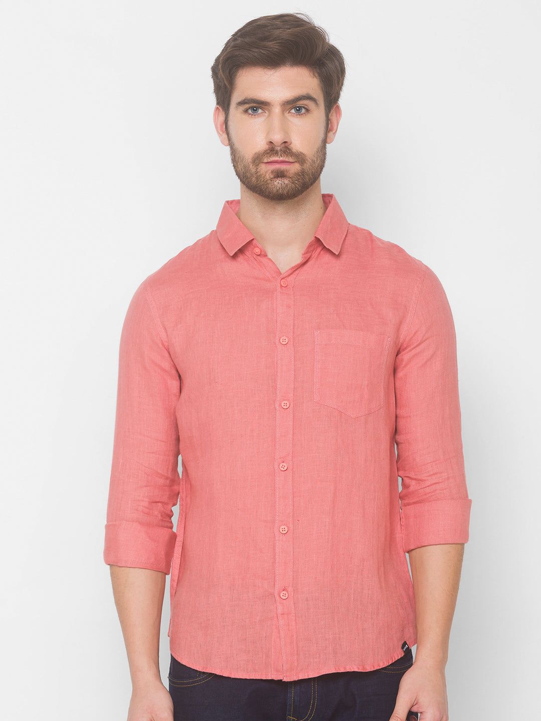 Spykar Men Tan Pink Cotton Slim Fit Shirt