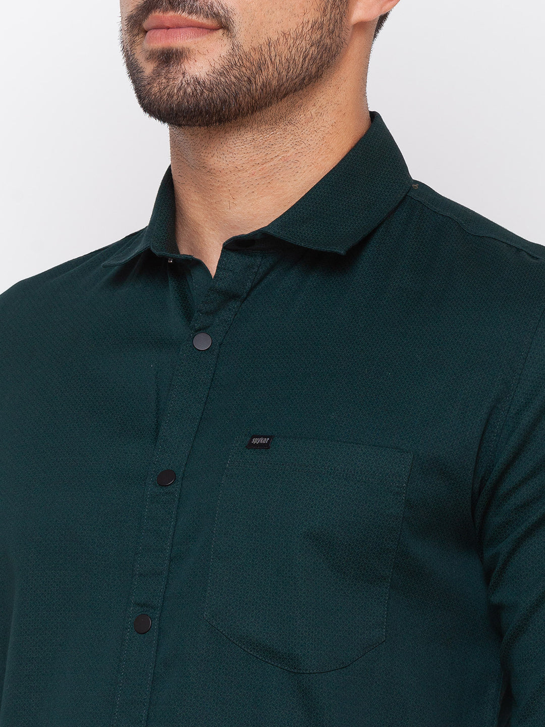 Spykar Bottle Green Satin Full Sleeve Printed Shirt For Men