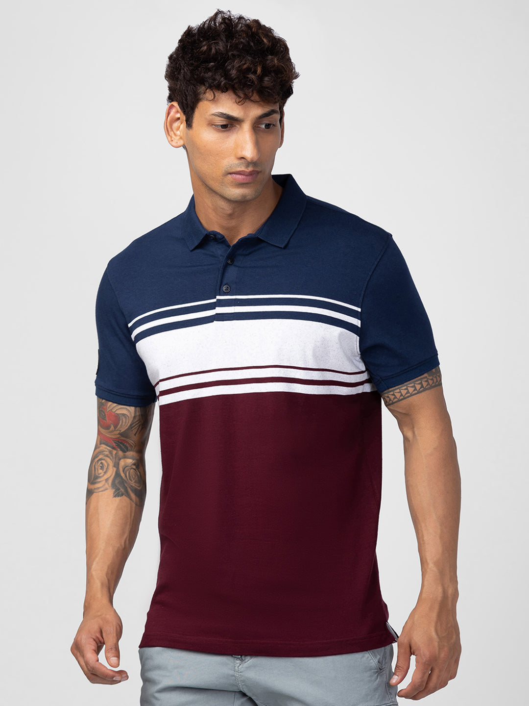 Spykar Men Wine Cotton Regular Fit Half Sleeve Printed Polo T-Shirt