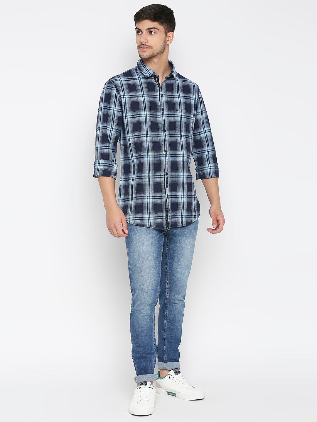 Spykar Indigo Blue Cotton Full Sleeve Checkered Shirt For Men