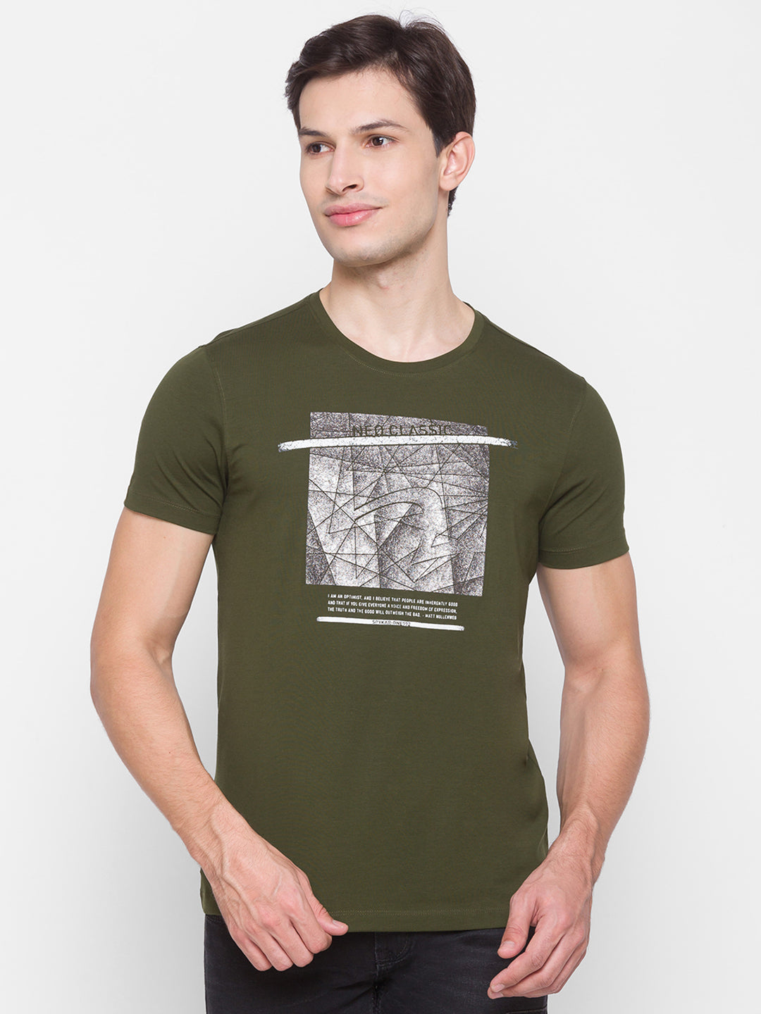 Spykar Men Green Cotton Slim Fit Round Neck T-Shirt