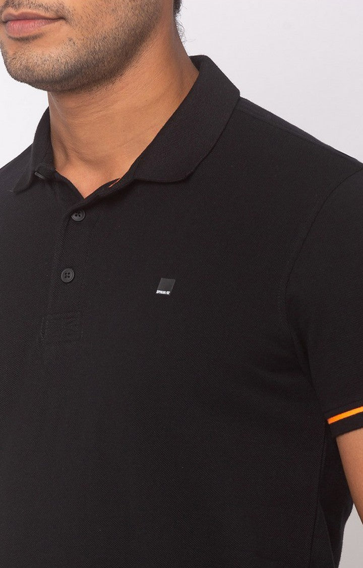 Spykar Men Black Cotton Slim Fit Plain Polo Collar Tshirt