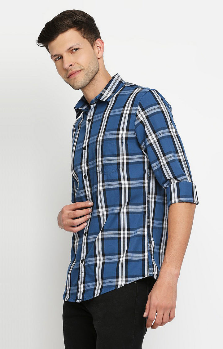 Spykar Men Blue Slim Fit Full Sleeve Checkered Shirt