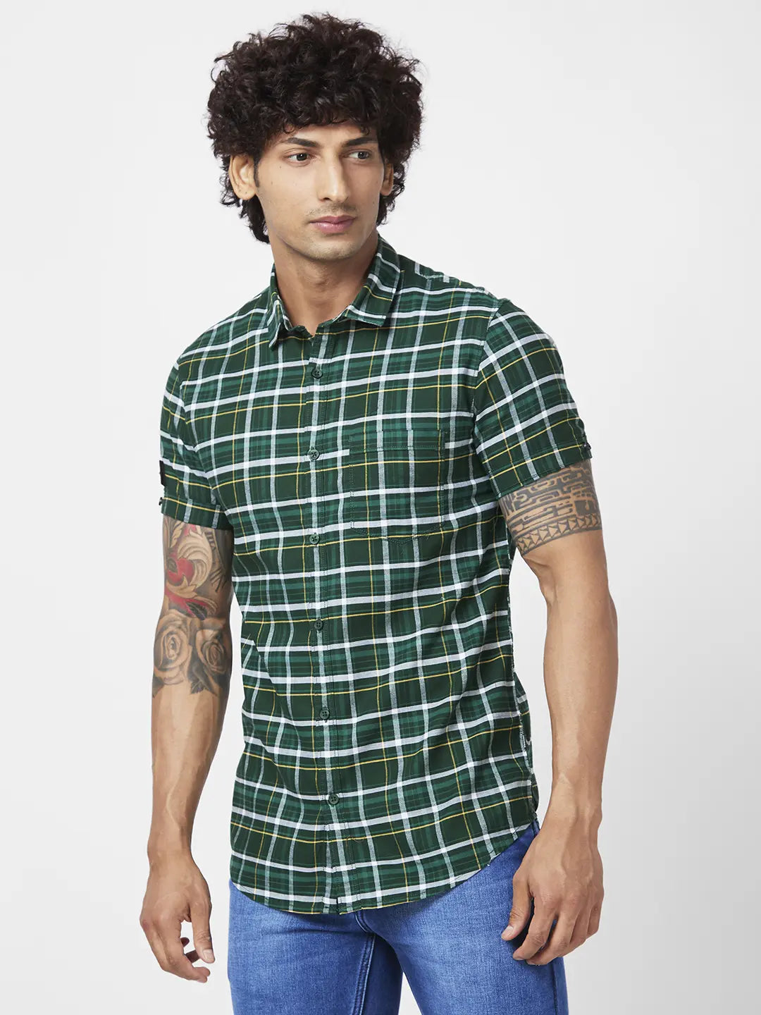 Spykar Men Dark Green Cotton Regular Slim Fit Half Sleeve Casual Checkered Shirt