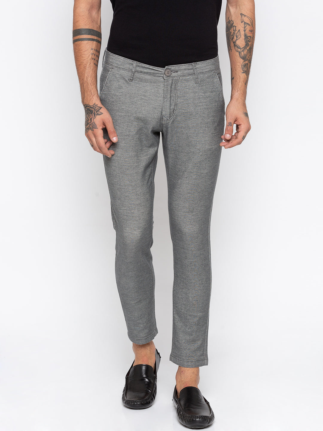 Spykar Men Grey Cotton Slim Fit Casual Trousers