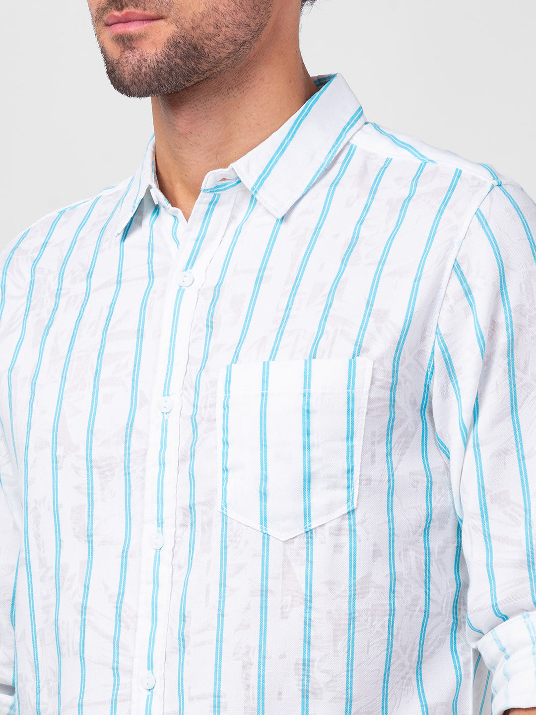 Spykar Men Cool Blue Cotton Slim Fit Striped Shirt