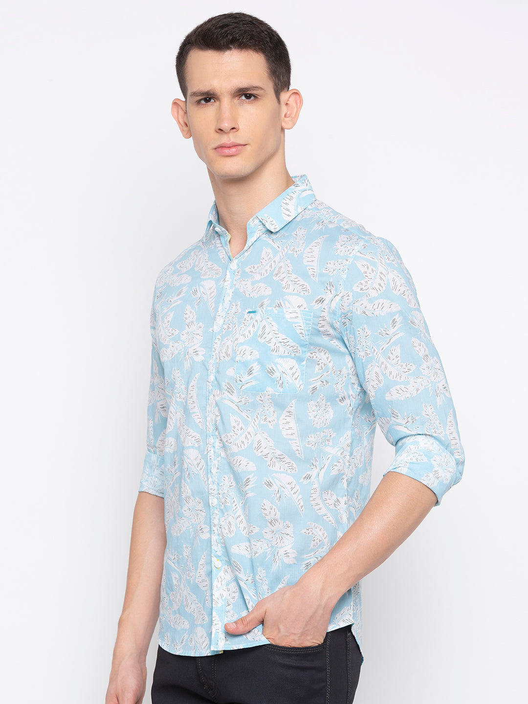 Spykar Men Aqua Blue Cotton Slim Fit Shirt