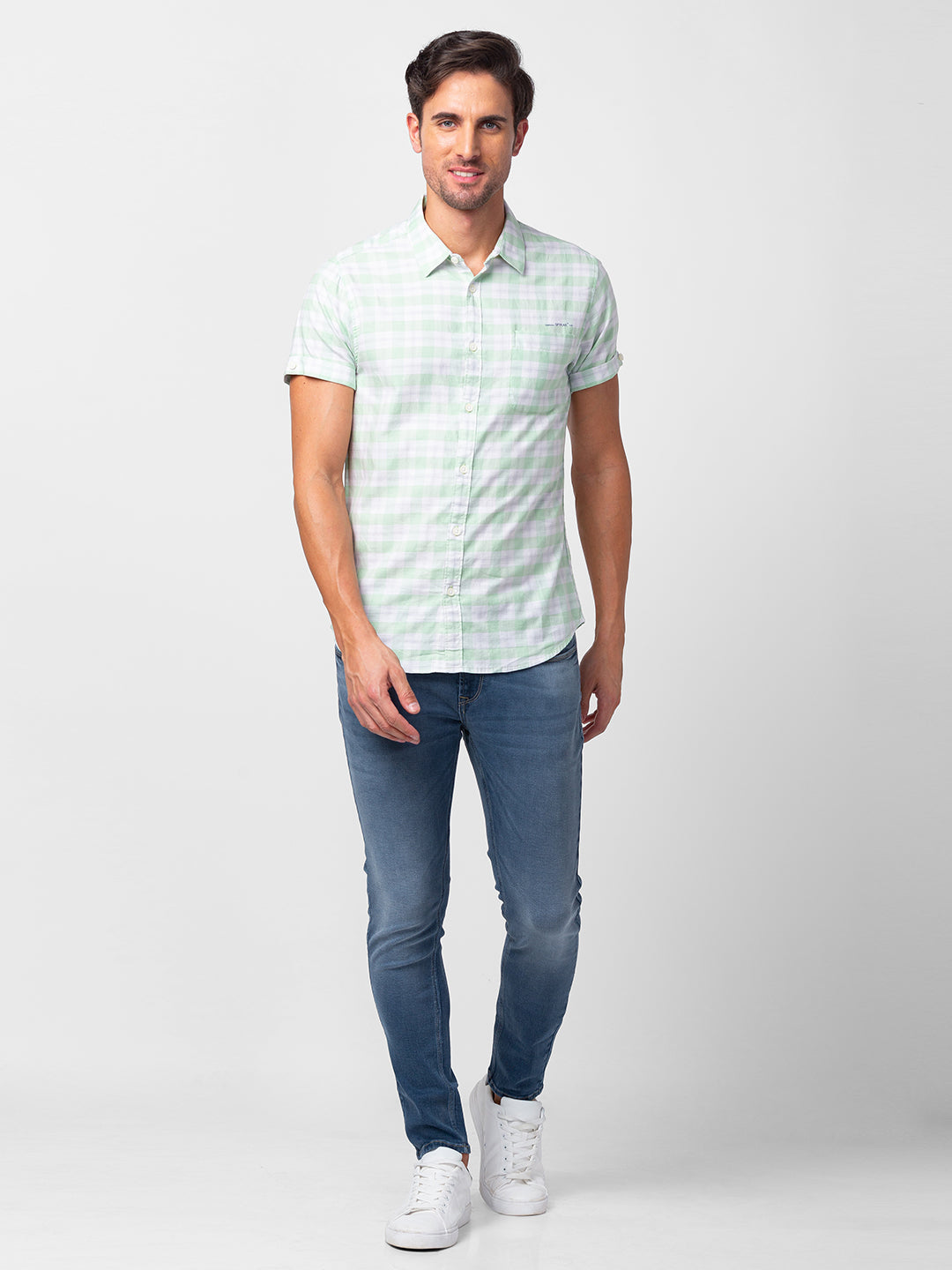 Spykar Men Mint Green Cotton Slim Fit Checkered Shirt