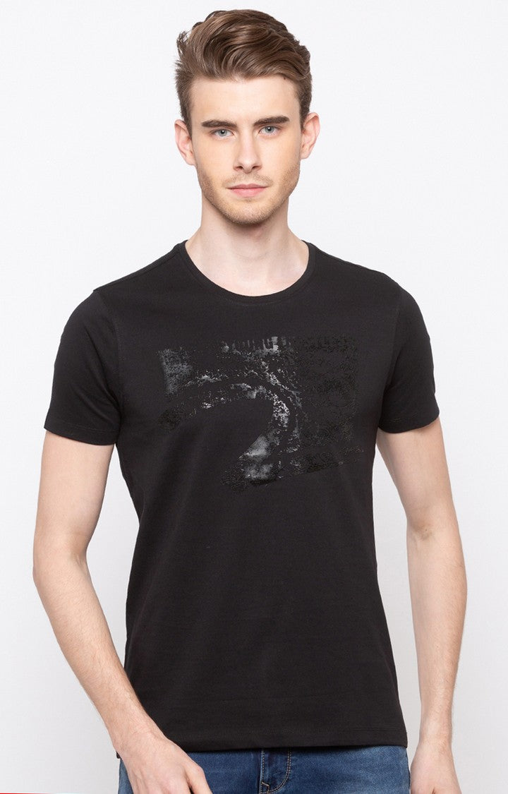 Spykar Black Printed Slim Fit Men T-Shirts