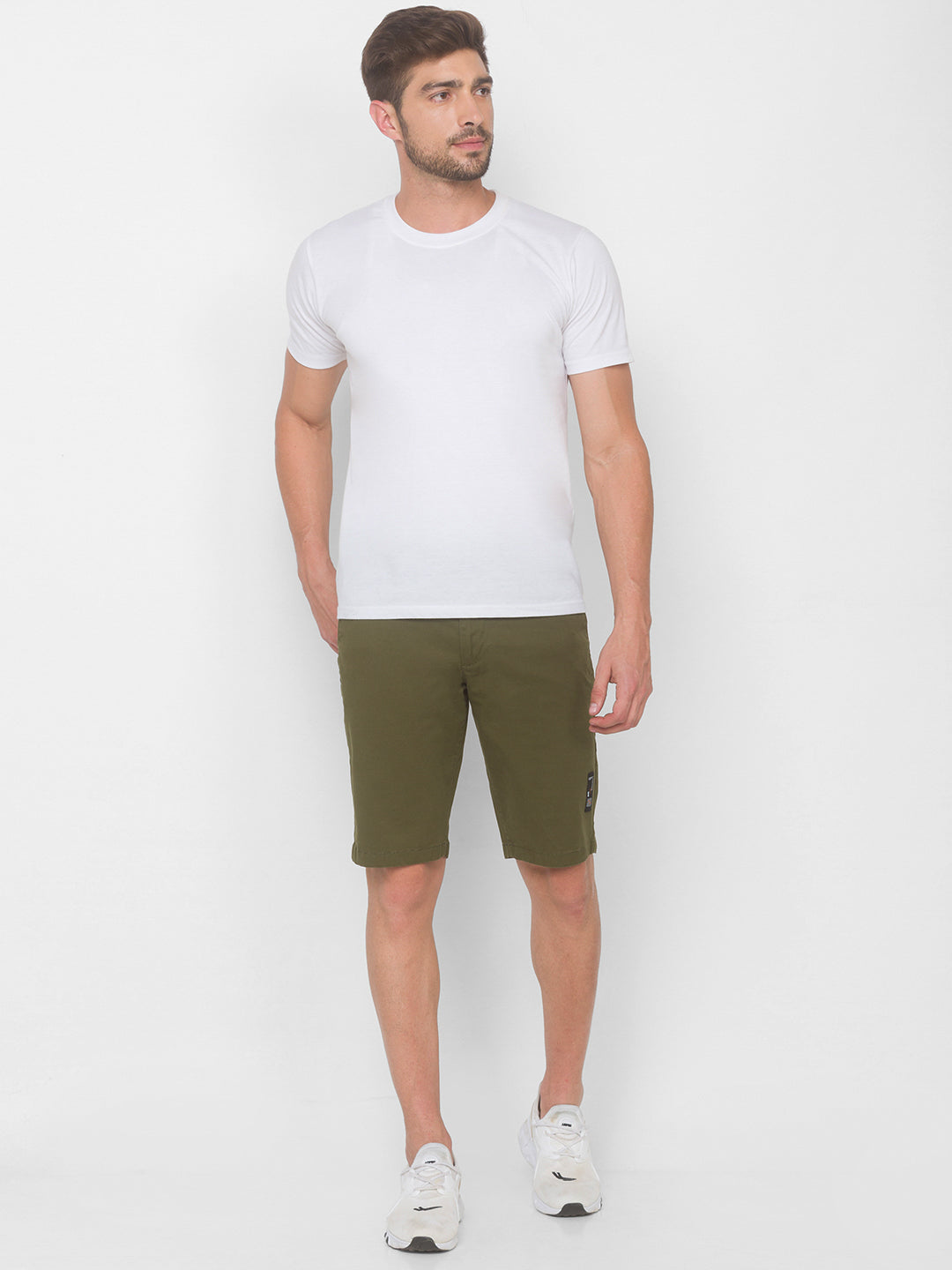 Spykar Men Olive Green Solid Relaxed Mid-Rise Shorts (Relaxed)