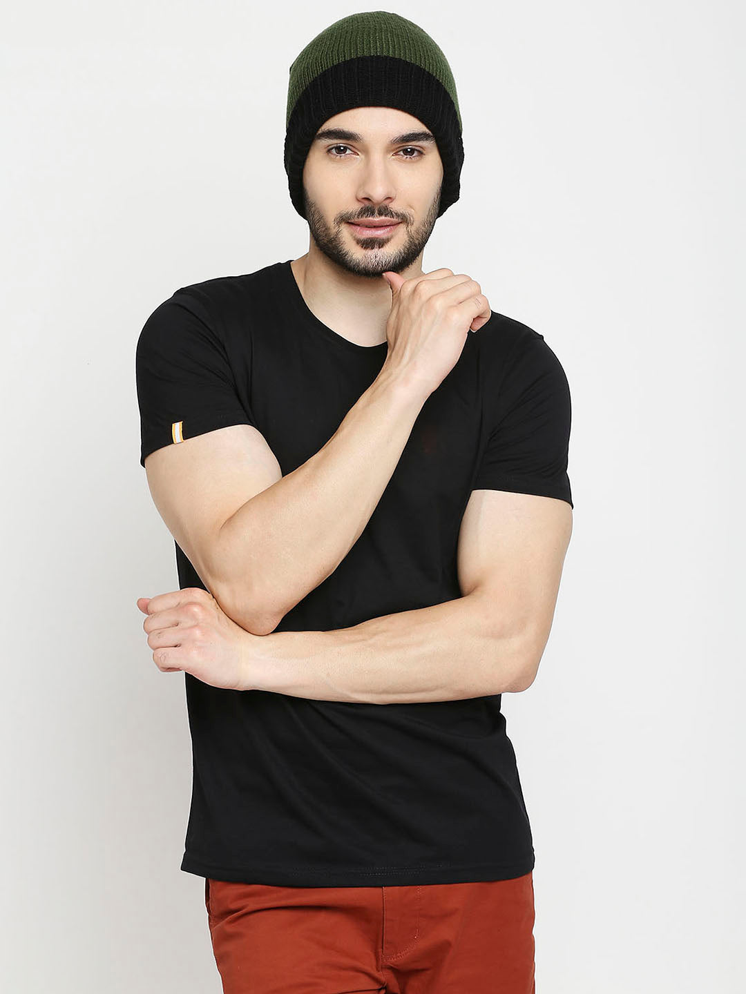 Spykar Olive & Black Cotton Beanie Cap