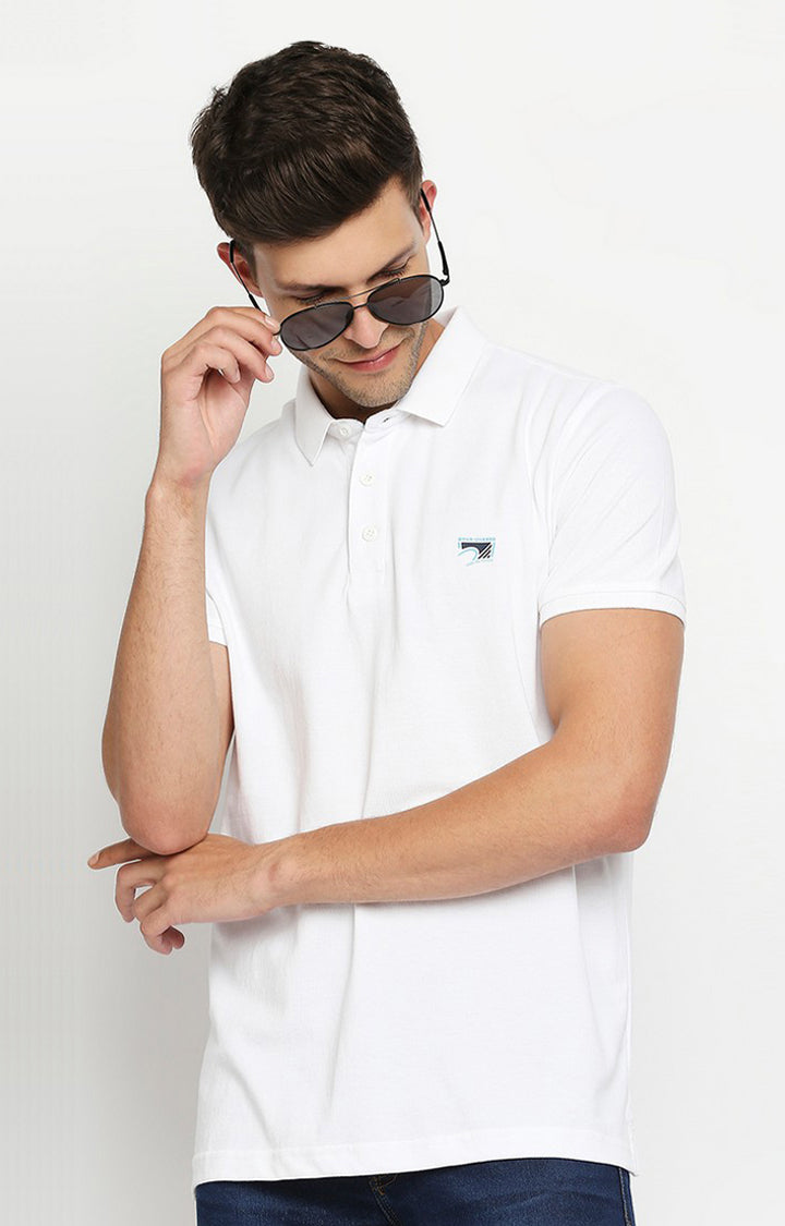 Spykar Men White Cotton Printed Half Sleeve Polo T-shirt