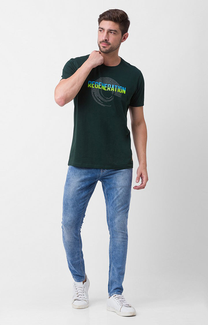 Spykar Bottle Green Cotton Half Sleeve Printed Casual T-shirt For Men