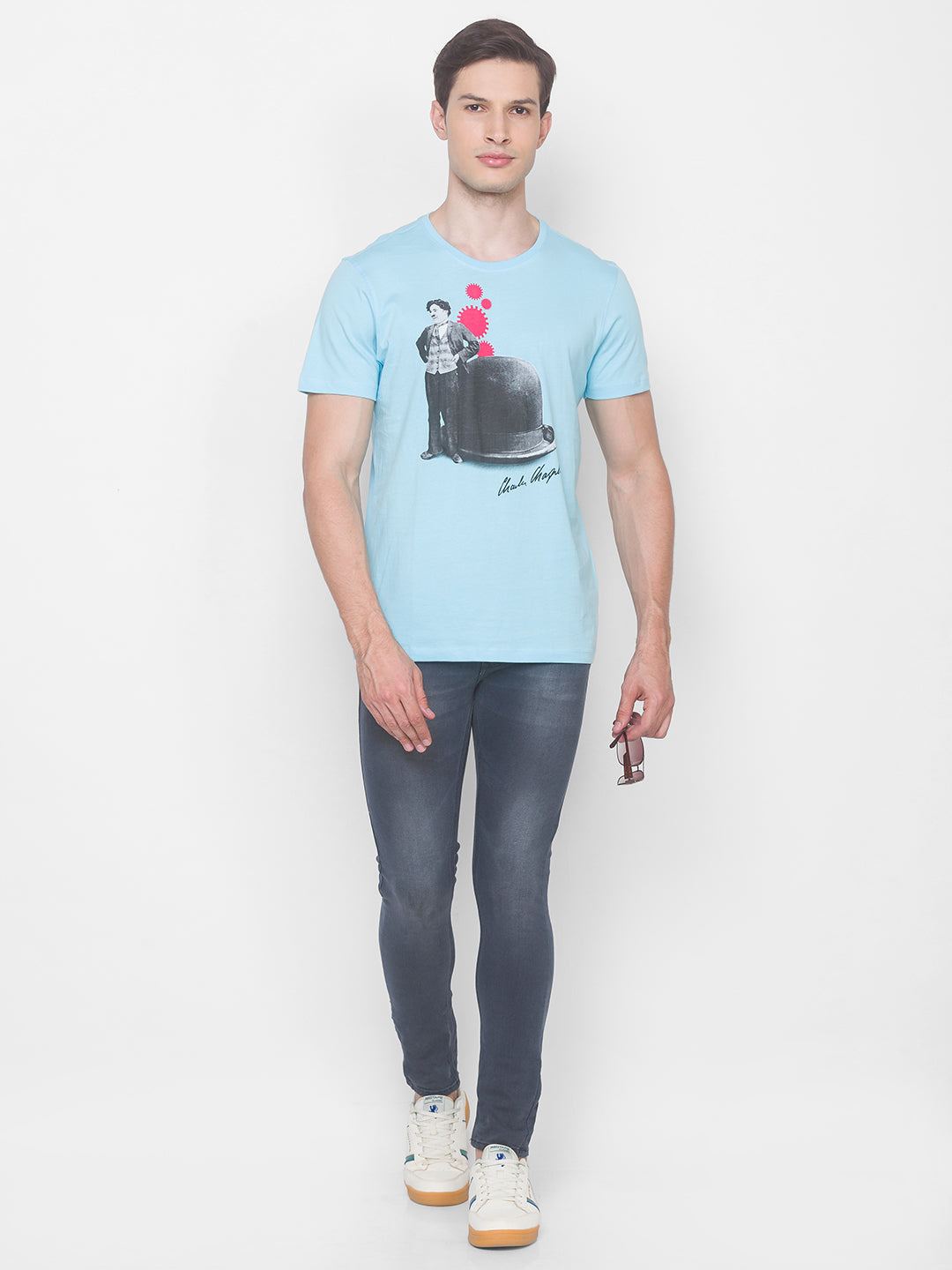 Charlie Chaplin Spykar Men Blue Cotton Slim Fit Round Neck T-Shirt