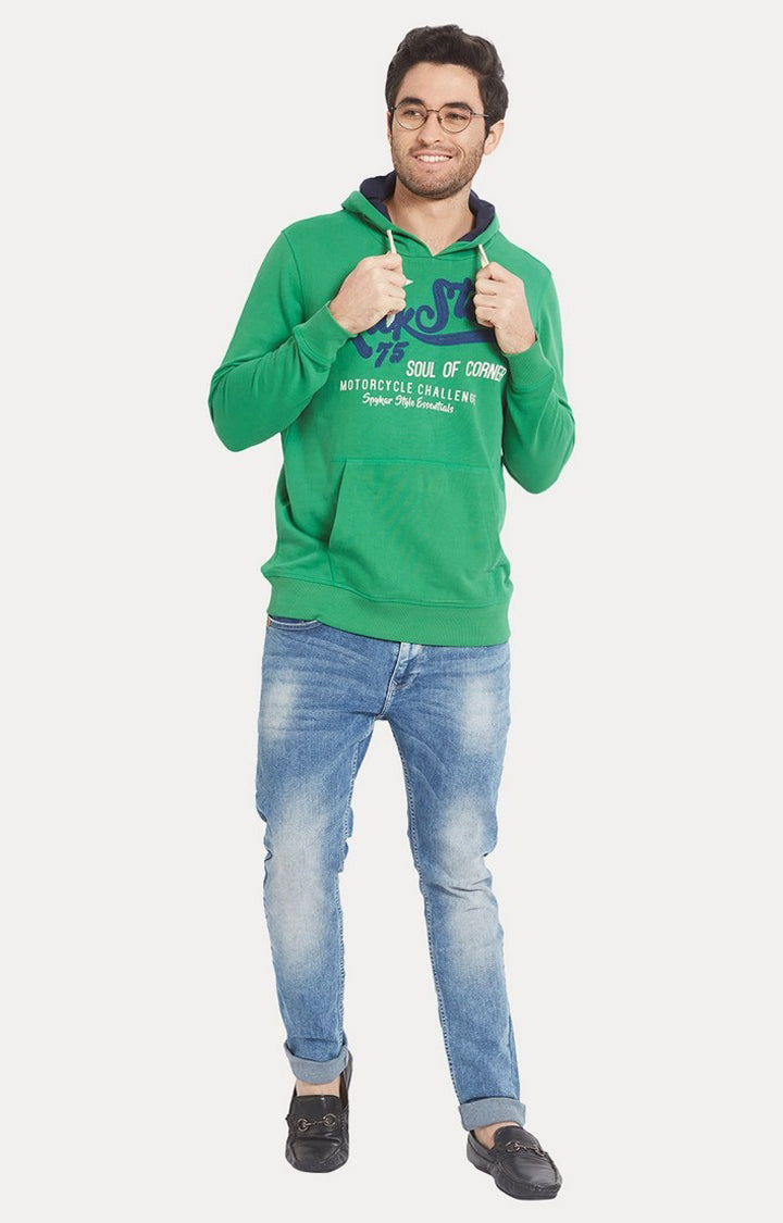 Spykar Men Green Cotton Slim Fit Hooded Sweatshirt