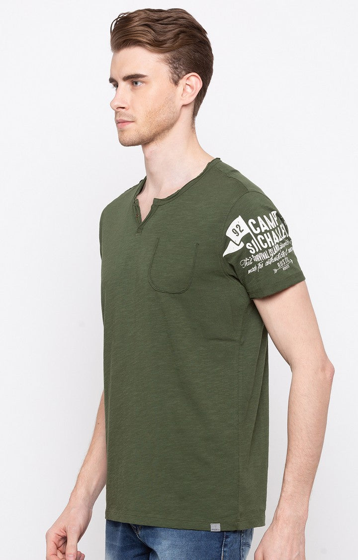 Spykar Dark Olive Melange Slim Fit Men T-Shirts