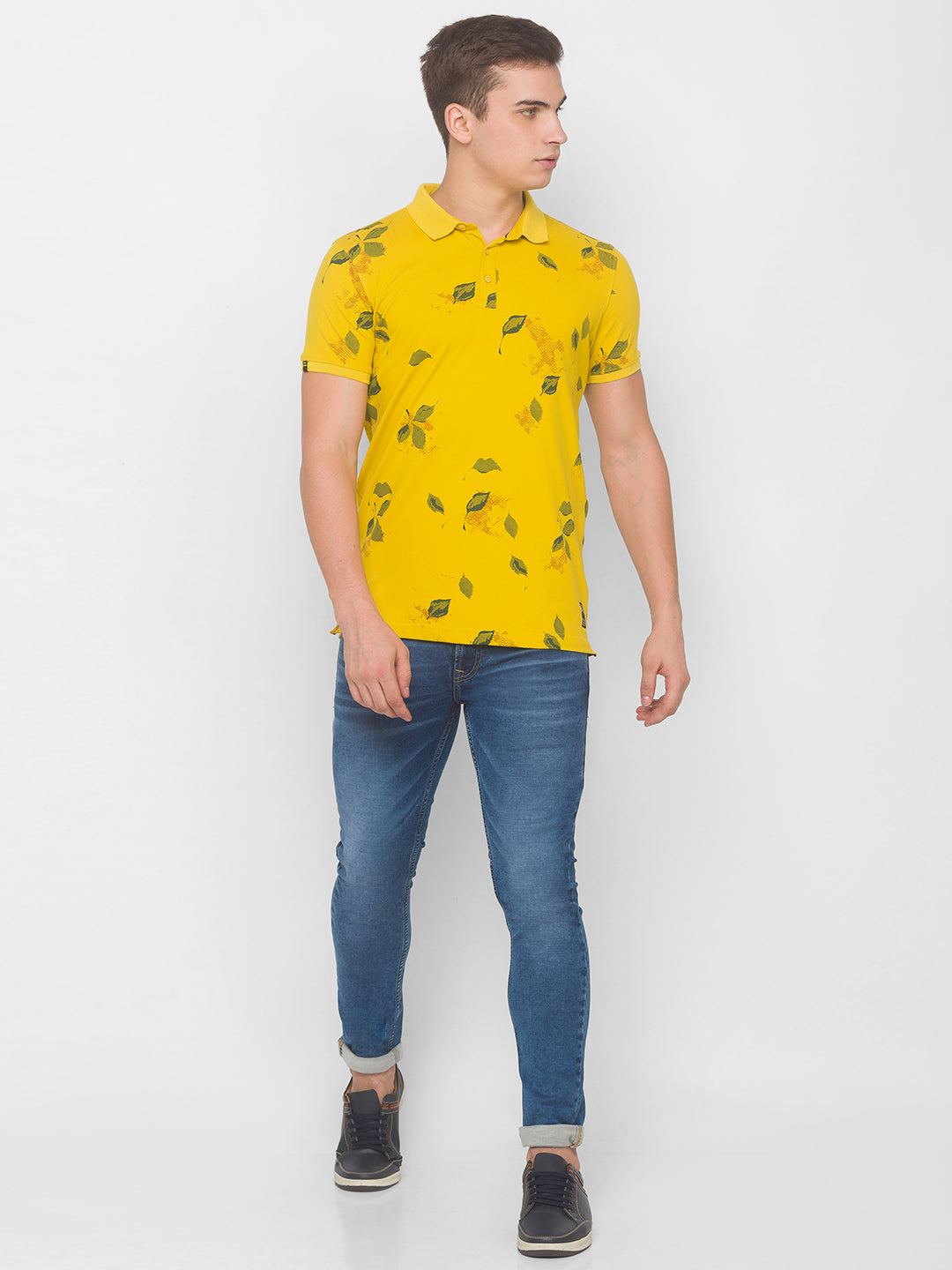 Spykar Men Yellow Cotton Slim Fit Polo T-Shirt