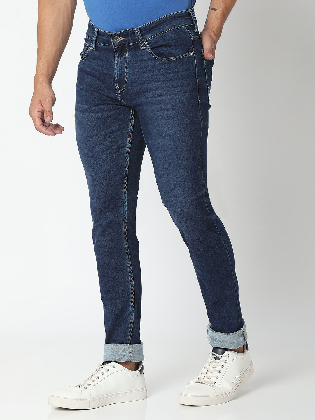 Spykar Men Mid Blue Cotton Stretch Slim Fit Narrow Length Jeans (Skinny)