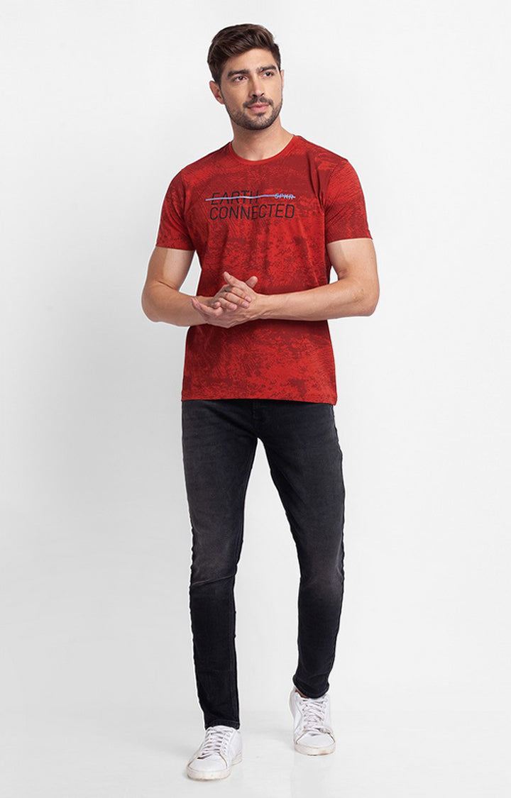 Spykar Brick Red Cotton Half Sleeve Printed Casual T-Shirt For Men