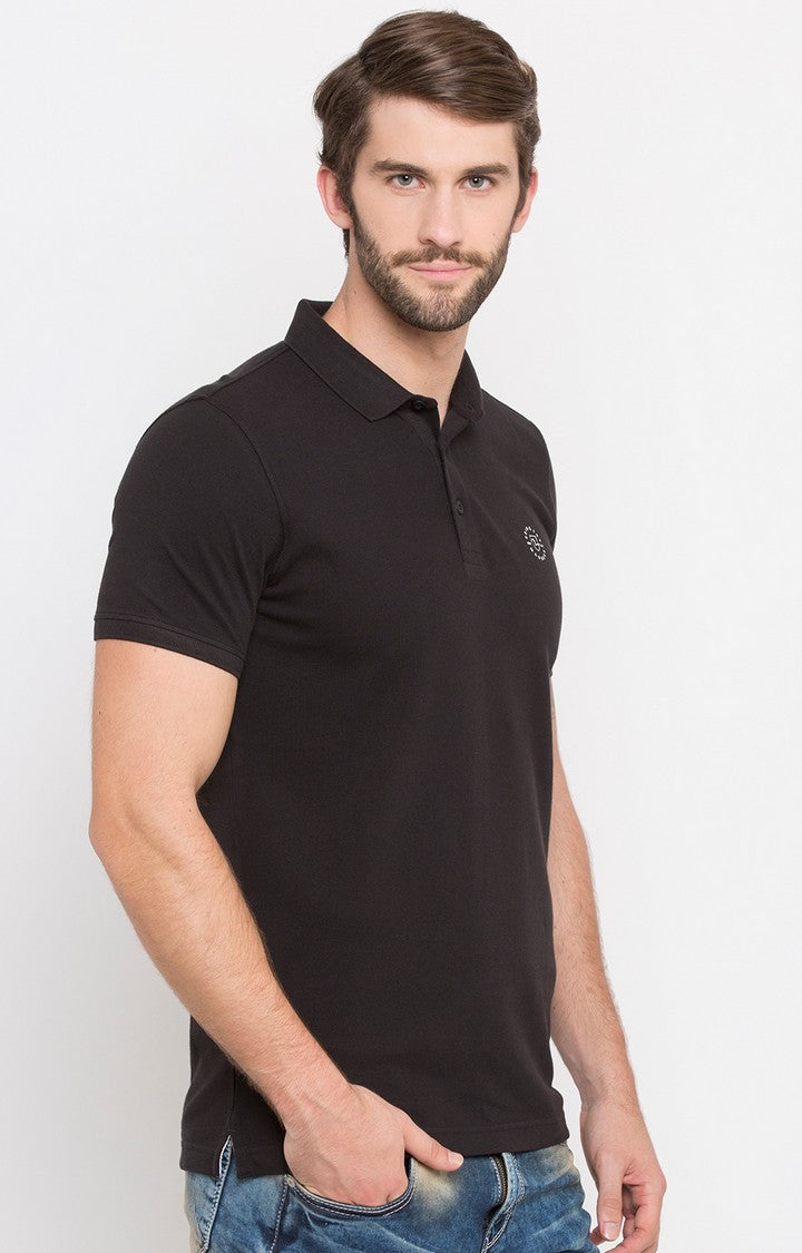 Spykar Jet Black Solid Slim Fit Polo T-Shirt