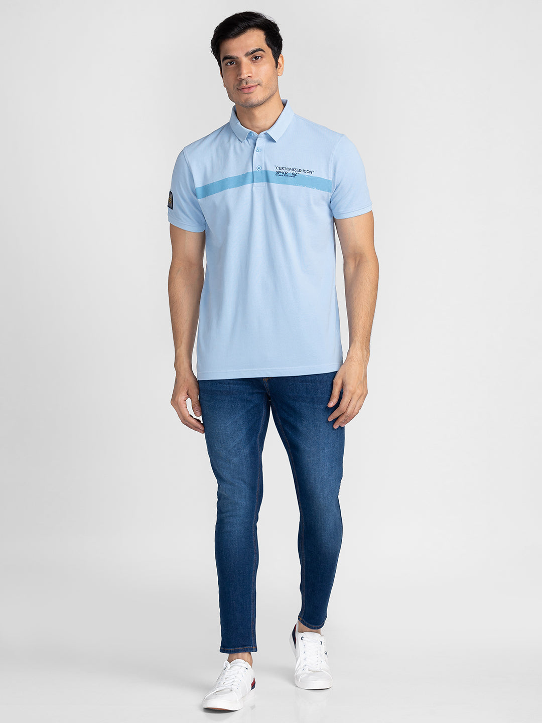 Spykar Men Sky Blue Cotton Slim Fit Polo Printed T-Shirt