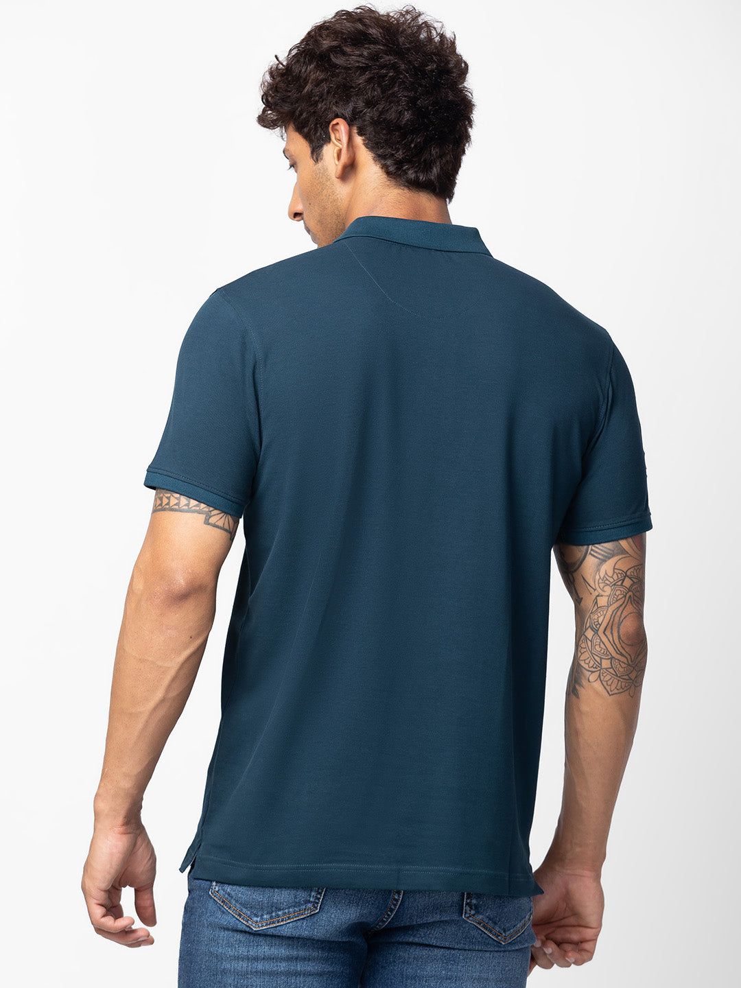 Spykar Men Teal Blue Cotton Regular Fit Half Sleeve Printed Polo T-Shirt