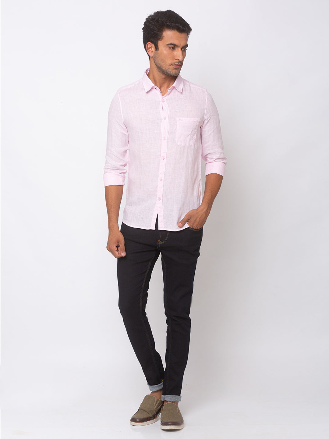 Spykar Men Baby Pink Cotton Slim Fit Shirt