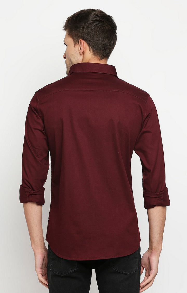 Spykar Wine Red Cotton Full Sleeve Plain Shirt For Men