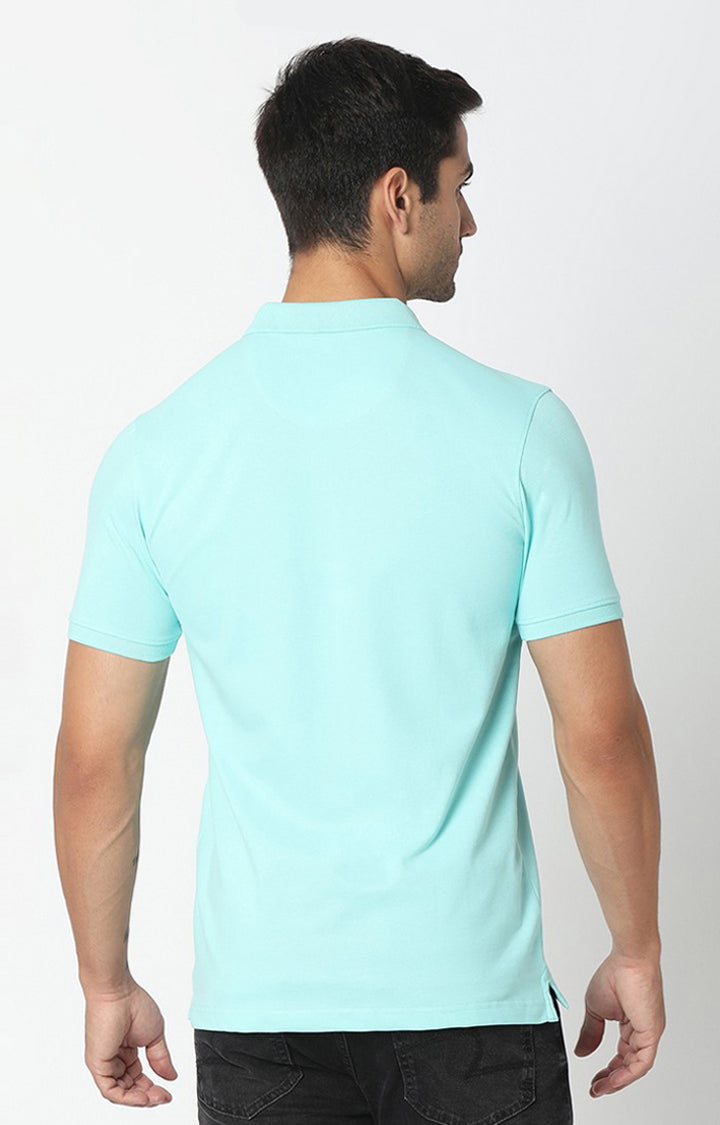 Spykar Aqua Blue Cotton Half Sleeve Plain Polo T-shirt For Men