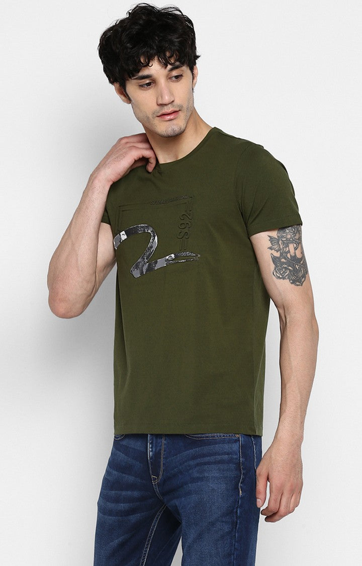 Spykar Olive Printed Slim Fit Men T-Shirts