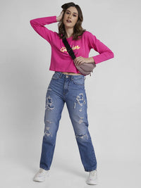 Spykar Women Mid Blue Cotton Straight Fit Regular Length Highly Distressed Jeans -(Bella)