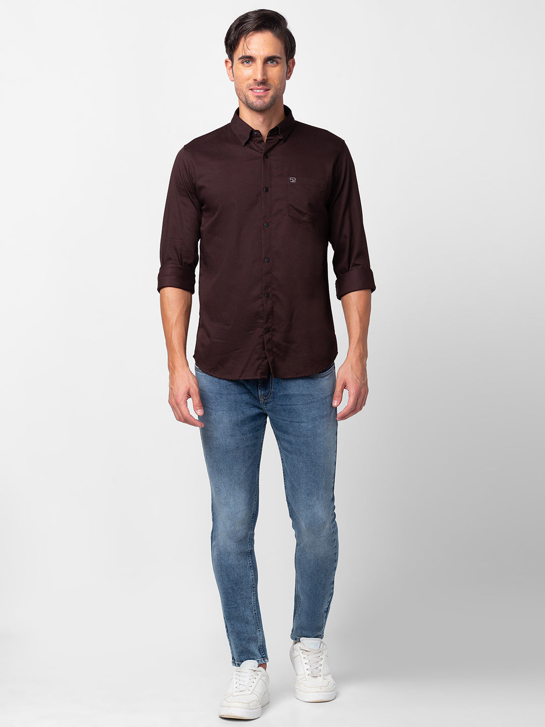 Spykar Men Coffee Brown Cotton Slim Fit Plain Shirt