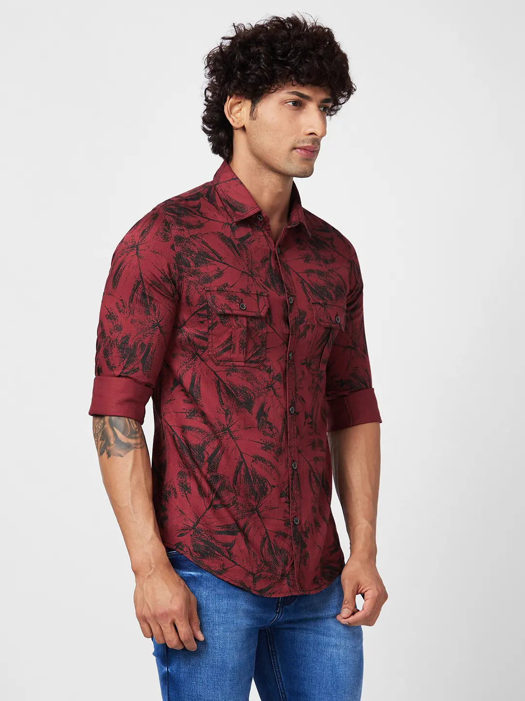 Spykar Men Brick Red Cotton Regular Slim Fit Full Sleeve Casual Floral Print Shirt